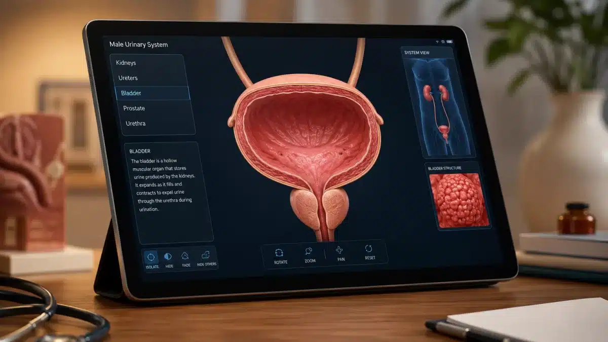 Tabella anatomica digitale del sistema urinario maschile utilizzata per diagnosticare le cause del getto debole.