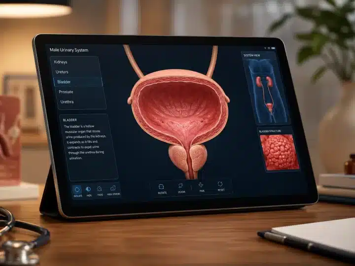 Tabella anatomica digitale del sistema urinario maschile utilizzata per diagnosticare le cause del getto debole.