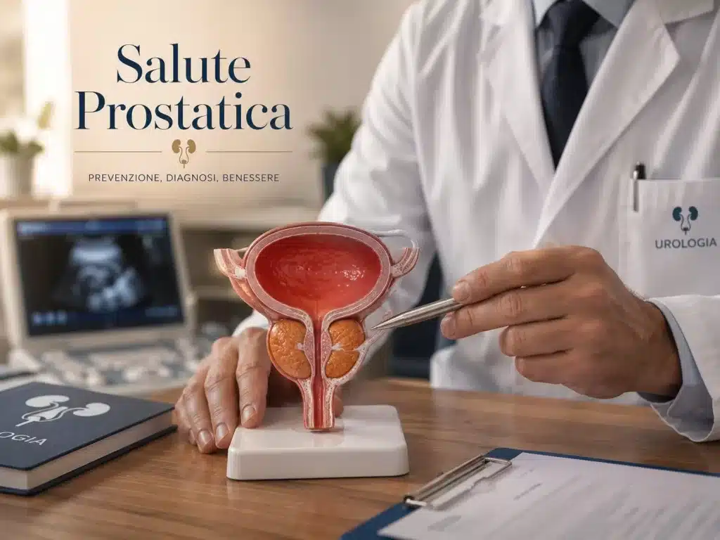 Modello anatomico di prostata infiammata spiegato da un urologo durante una visita andrologica a Prato.