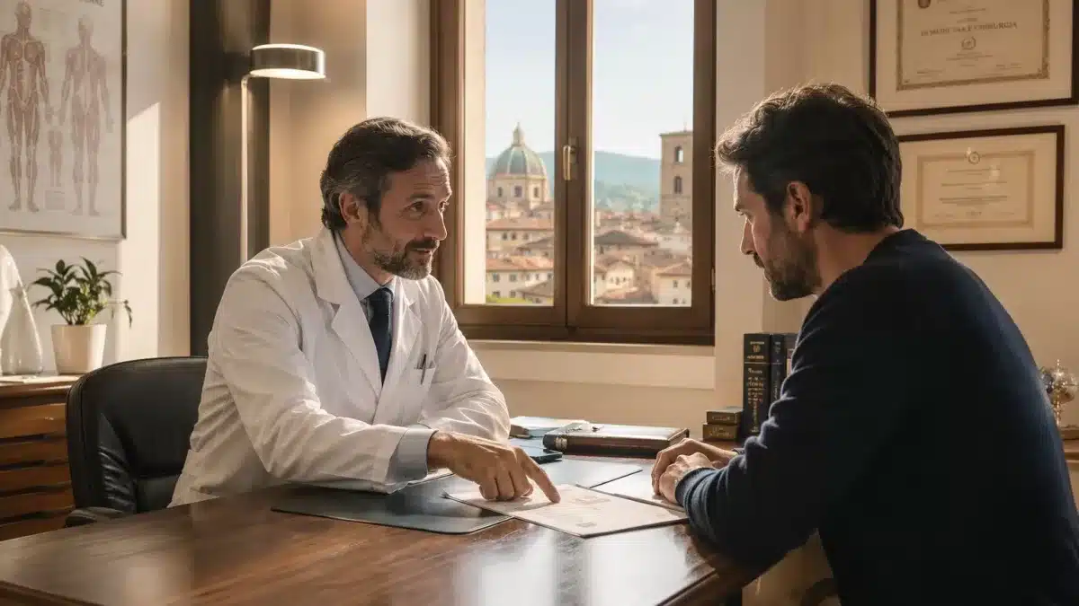 l Dottor Andrea Del Grasso illustra i risultati dell'esame del sangue a un paziente durante una visita alla prostata.