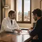 l Dottor Andrea Del Grasso illustra i risultati dell'esame del sangue a un paziente durante una visita alla prostata.