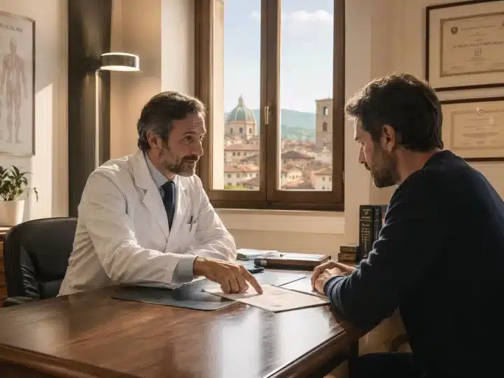 l Dottor Andrea Del Grasso illustra i risultati dell'esame del sangue a un paziente durante una visita alla prostata.