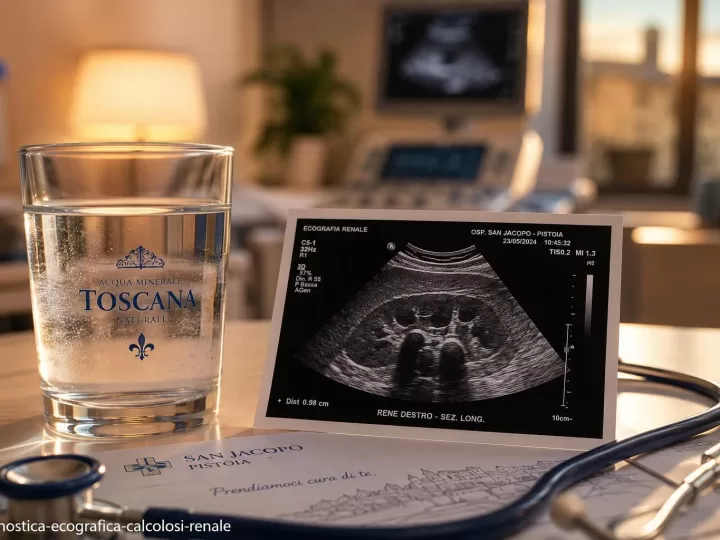 Ecografia renale di controllo e bicchiere d'acqua utilizzati per la diagnosi e terapia dei calcoli urinari.
