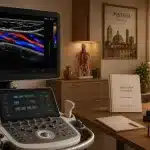 Schermo ecocolordoppler per la diagnosi del varicocele attraverso lo studio del reflusso venoso nel testicolo.
