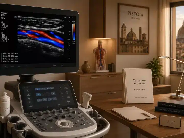 Schermo ecocolordoppler per la diagnosi del varicocele attraverso lo studio del reflusso venoso nel testicolo.