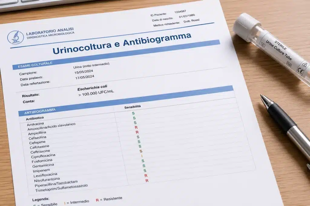 Referto di esame urinocoltura con antibiogramma utilizzato dall'urologo per prescrivere la cura della cistite.
