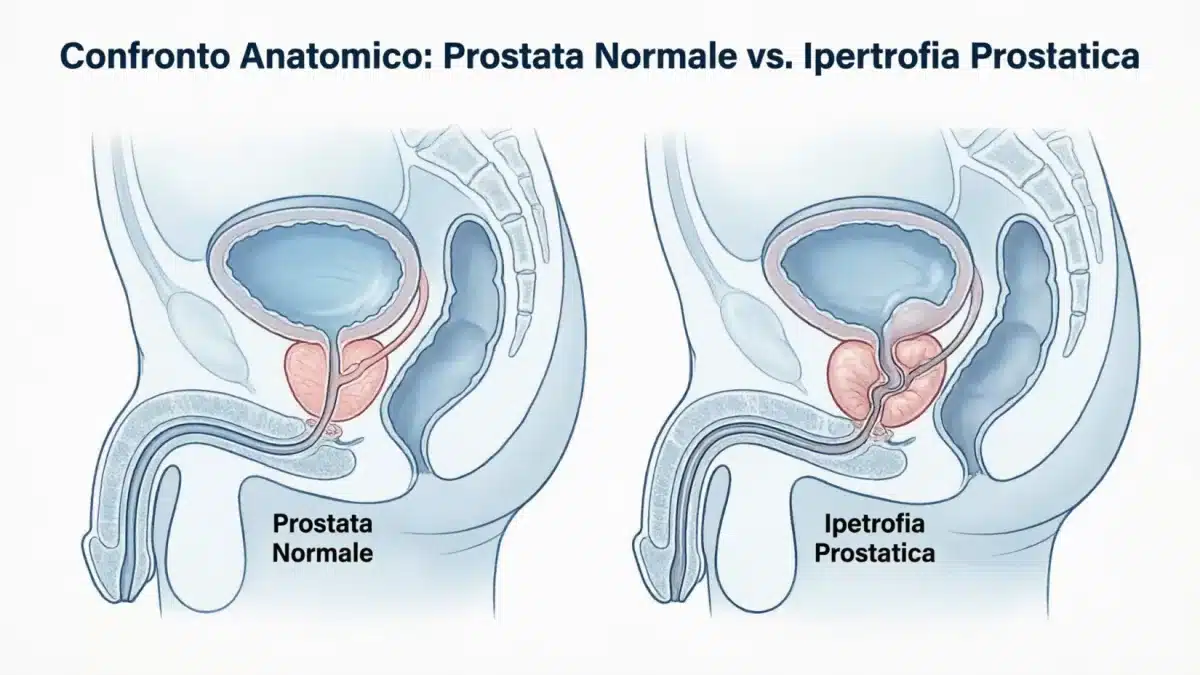 La prostata ingrossata non è una condanna: guida completa all'Ipertrofia Prostatica Benigna 6 Infografica medica che mostra la differenza anatomica tra una prostata normale e una prostata ingrossata (ipertrofia prostatica benigna) che comprime l'uretra.