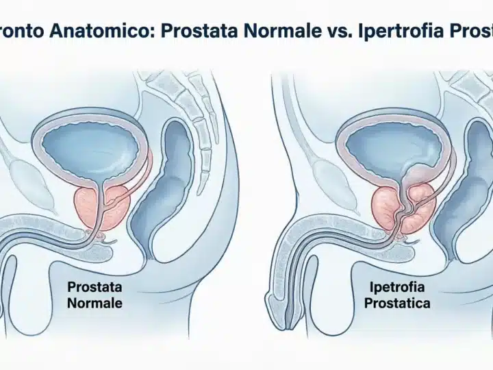 Infografica medica che mostra la differenza anatomica tra una prostata normale e una prostata ingrossata (ipertrofia prostatica benigna) che comprime l'uretra.