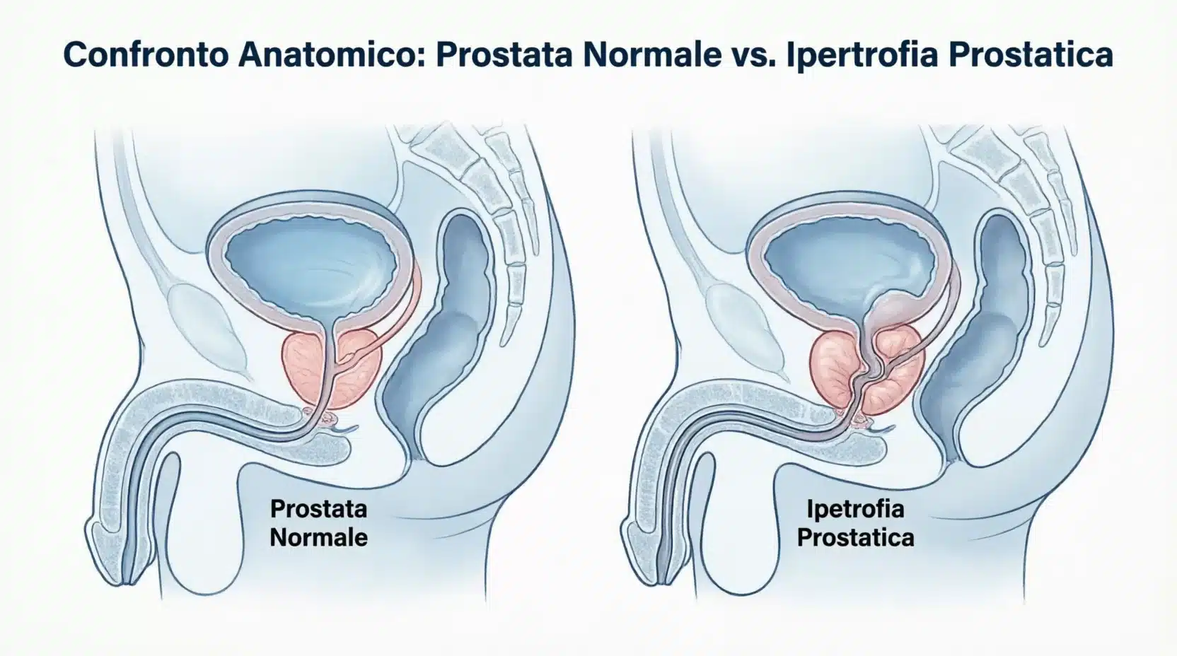 Infografica medica che mostra la differenza anatomica tra una prostata normale e una prostata ingrossata (ipertrofia prostatica benigna) che comprime l'uretra.