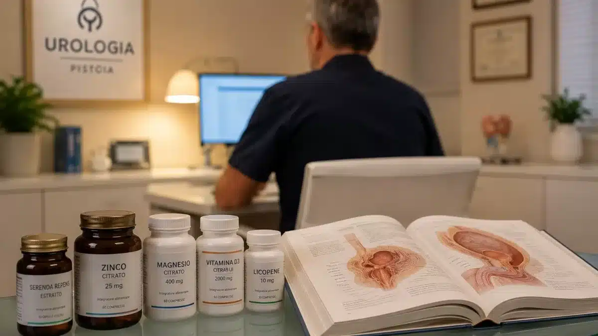 Specialista urologo analizza i componenti di un integratore prostata e erezione a Pistoia.