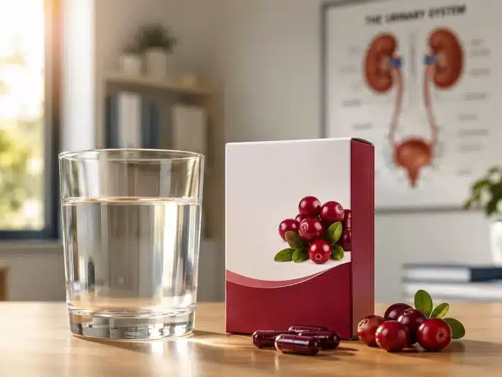 Bicchiere d'acqua e integratori naturali per contrastare i batteri della cistite cronica e ricorrente.