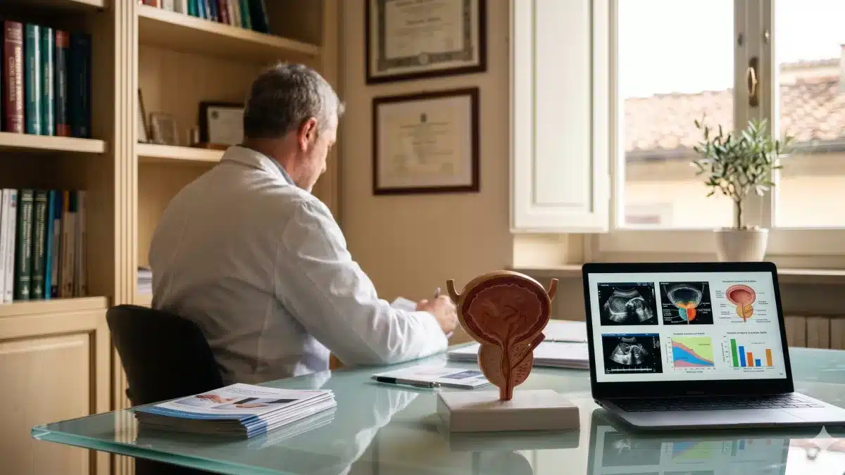 Specialista urologo a Prato illustra i massaggio prostatico rischi e benefici clinici.