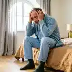 Uomo preoccupato per gocciolamento post-minzionale in camera da letto - problema urologico maschile