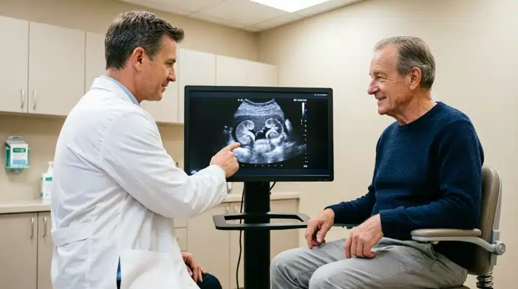 La prostata ingrossata non è una condanna: guida completa all'Ipertrofia Prostatica Benigna 7 Visita urologica: medico specialista che spiega un'ecografia prostatica a un paziente in uno studio medico moderno.